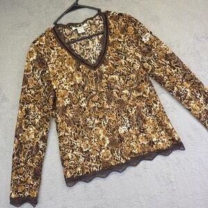 Nygard Top Womens M Brown Animal Print Lace Sheer Y2K Festival Boho Baddie‎